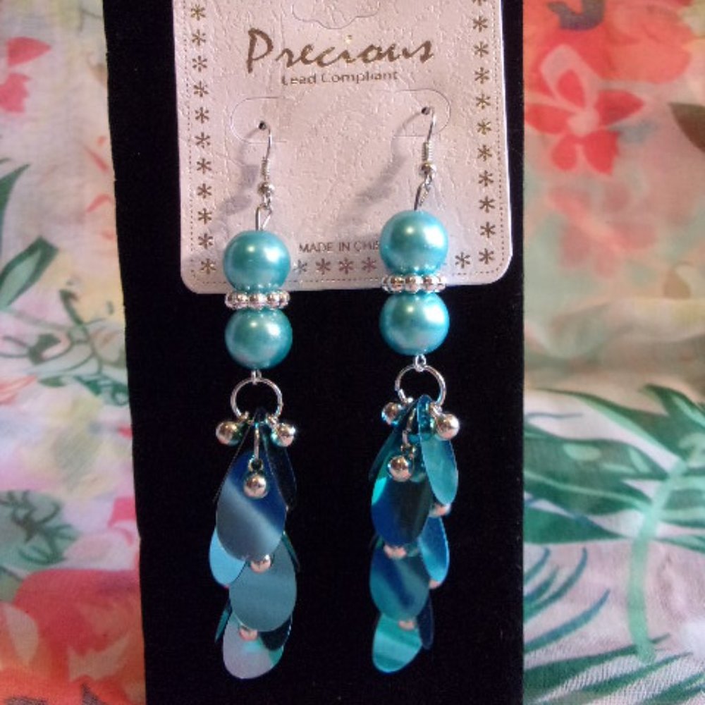 Precious Teal Foil Bead Dangle Pierced Earrings